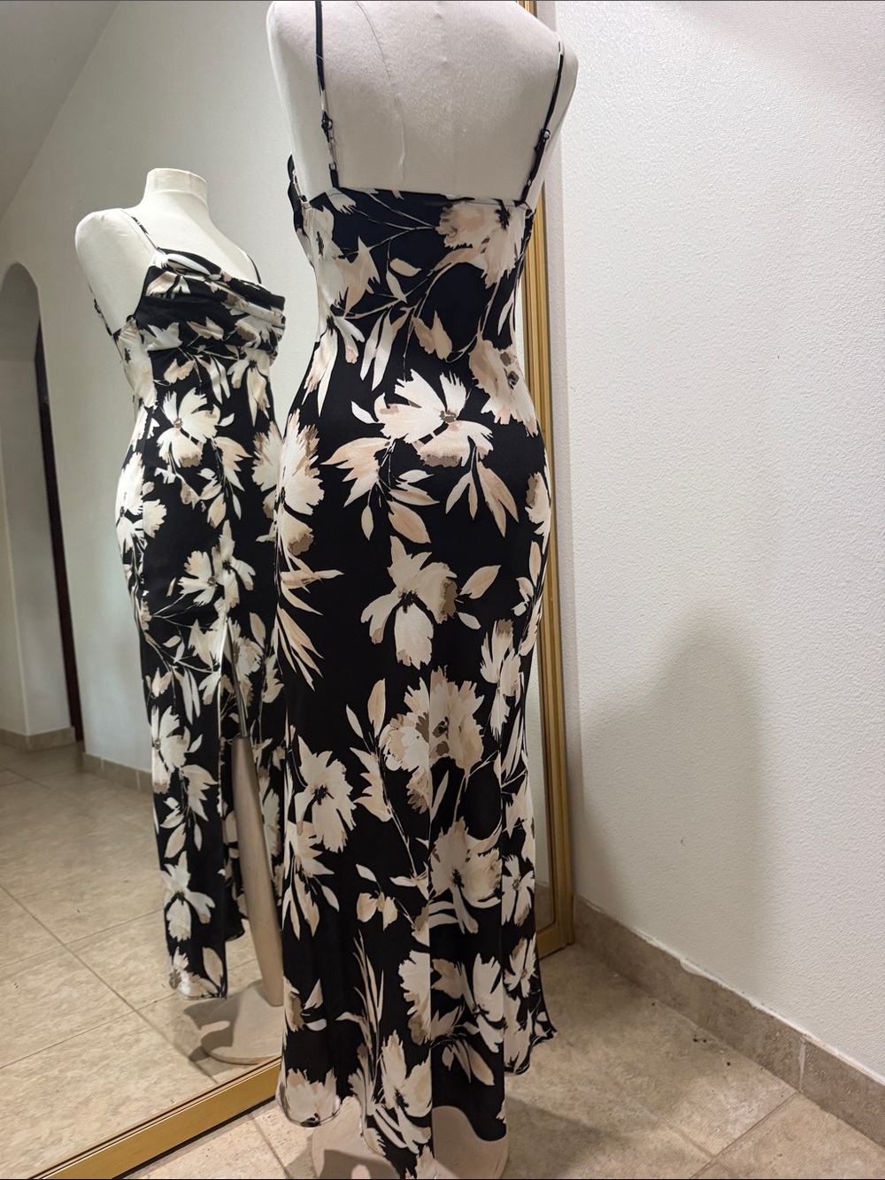connected apparel Black Maxi Slip Dress with Cream Floral Print - Picture 2 of 8